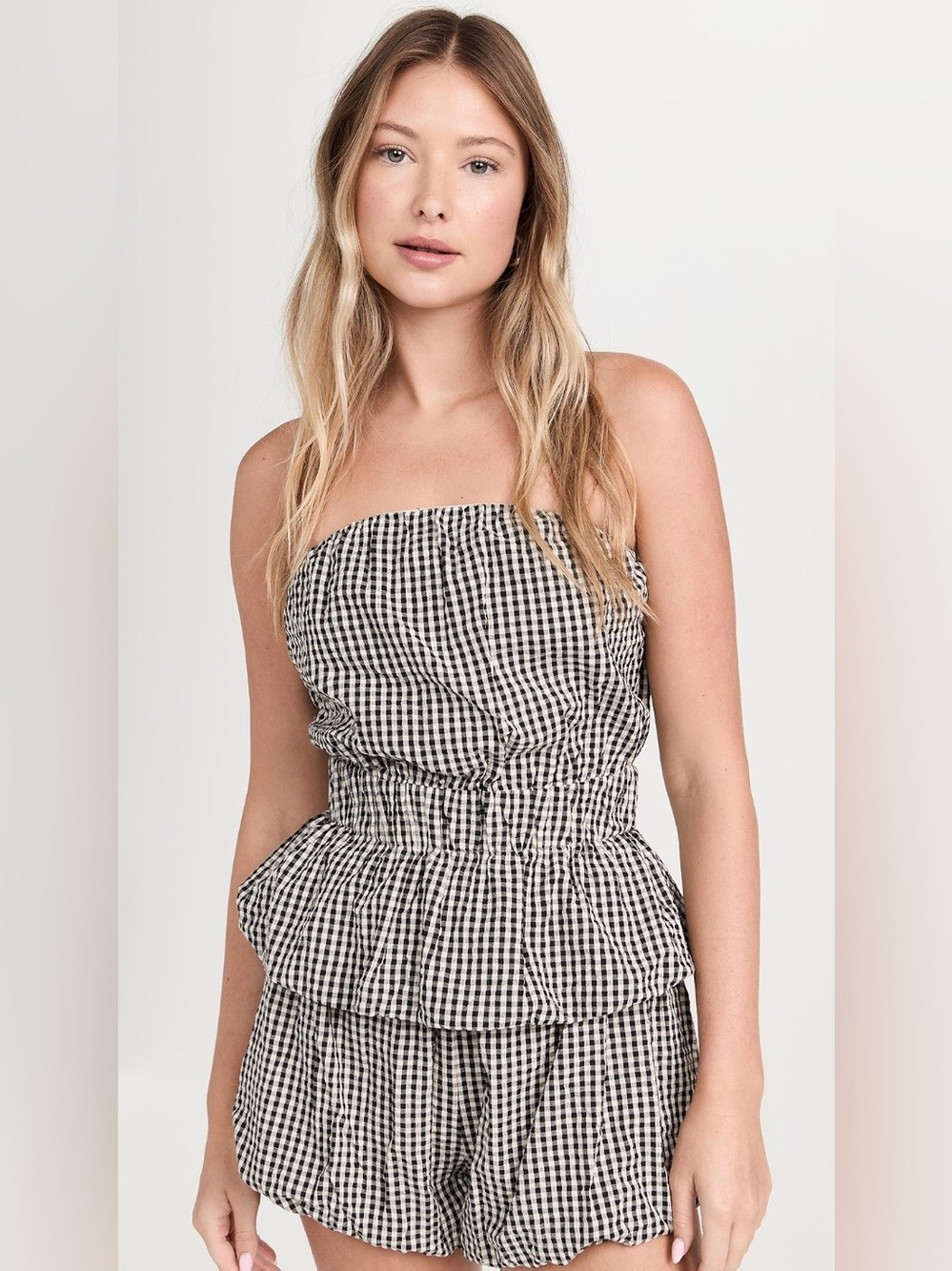 Posse Aurelia Black & White Strapless Gingham Peplum Top
